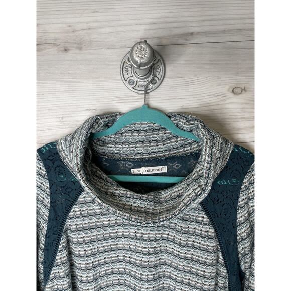 Maurices Shirt Womens 1X Gray Teal Cowl‎ Neck Tunic 3/4 Sleeve Lace Inset Knit - Picture 2 of 10